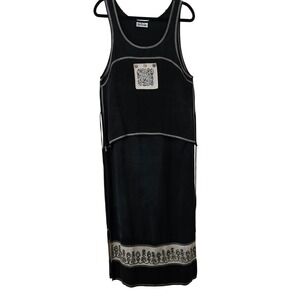 Nina Piccalino Black Sleeveless Maxi Dress Turtle Patch Boho Contrast Stitch M